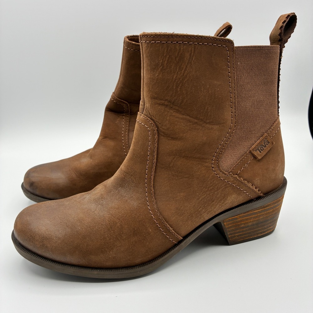 Teva Anaya Chelsea Bootie Womens 9 Brown Leather Waterproof Ankle Block Heel